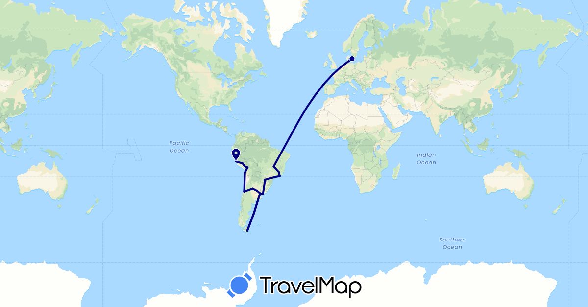 TravelMap itinerary: driving in Argentina, Bolivia, Brazil, Chile, Denmark, Peru, Uruguay (Europe, South America)